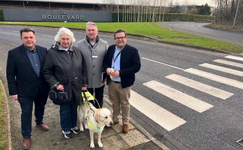 L-R Andrew Murdock, External Affairs Manager, Guide Dogs NI, Jill Hanna with her guide dog Ace, Ray Maxwell, Senior Vision Rehabilitation Specialist, Southern Health and Social Care Trust, and Andrew Hamilton, Operations Manager, The Boulevard, Banbridge.