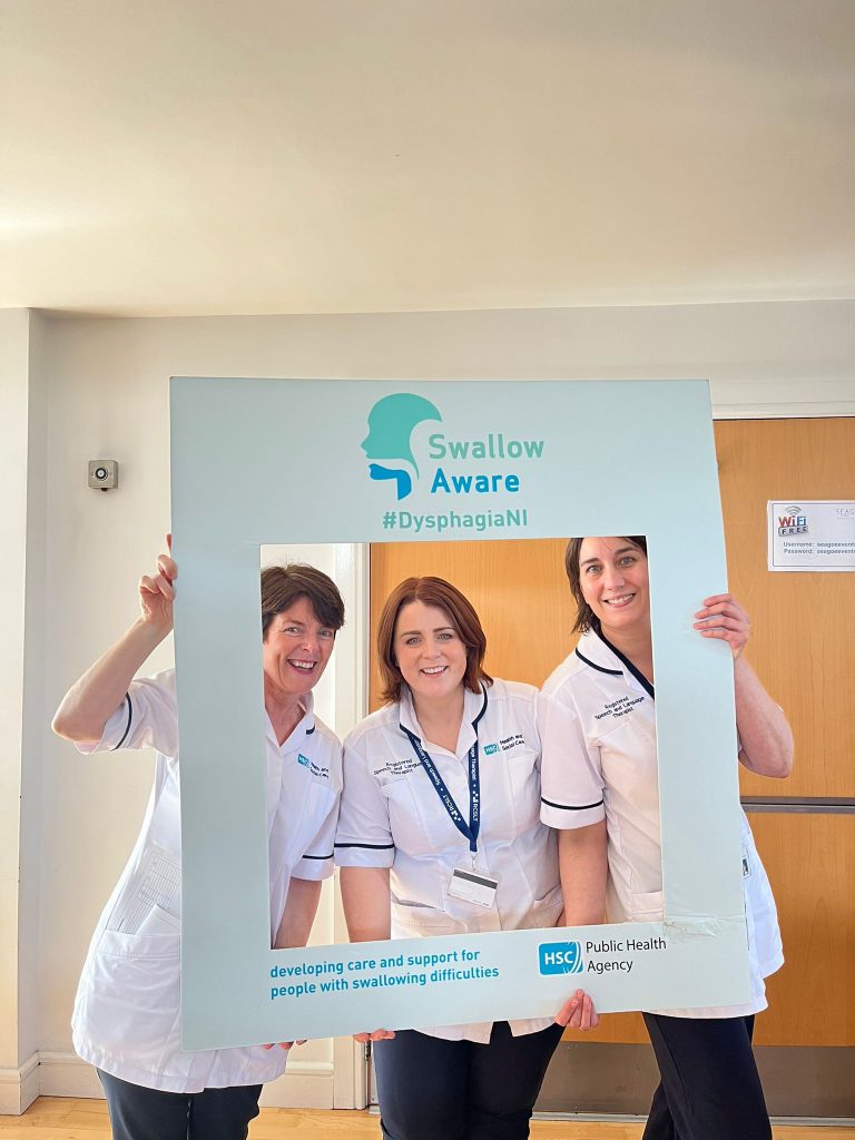 Sallianne Giles, Orla McErlean and Joanne Presho Speech and Language Therapists from PFS celebrating Swallow Awareness month.