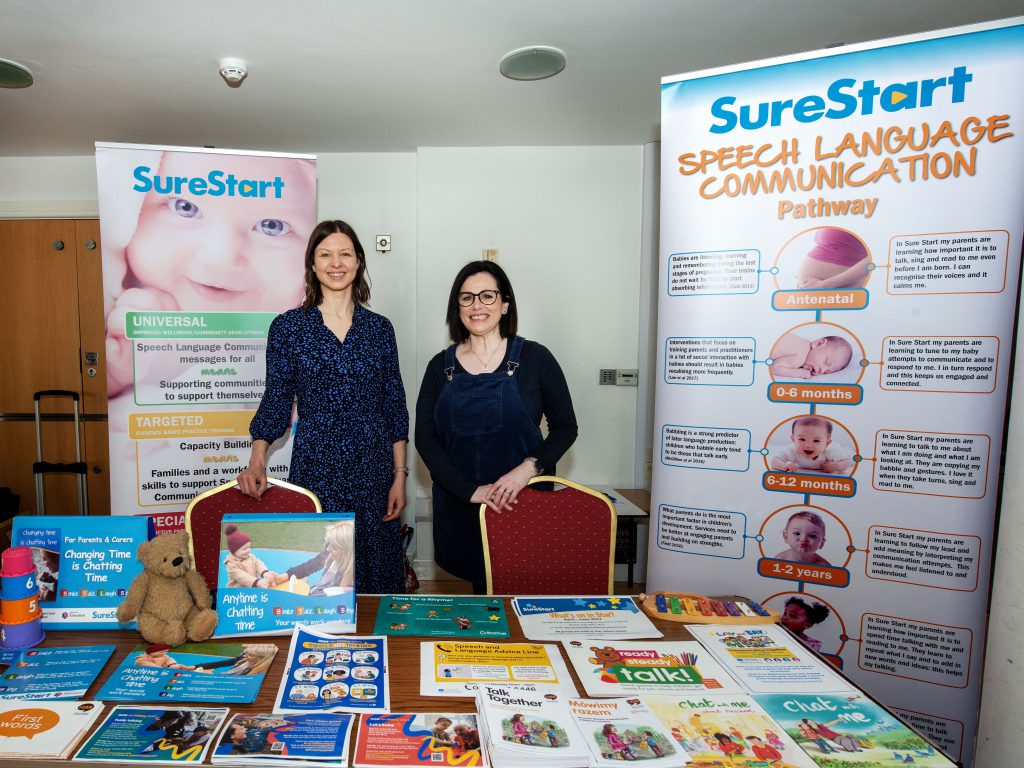 Surestart’s Freya Rogers (Speech and Language Therapy Lead) , Fiona Coney (Blossom Surestart Speech and Language Therapist) and their information stand.