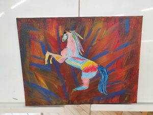 Works of art created by the Day Opportunities service to brighten up their corridor in Riverside on the Bannvale Site, Gilford