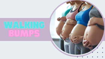 Image of 2 women holding baby bumps with a grey back ground and blue and pink text saying walking bumps