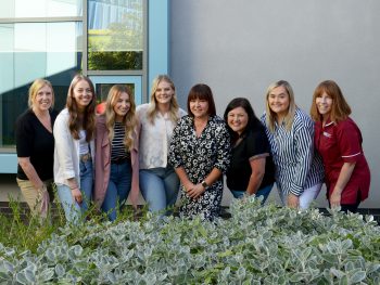 Dr Jen McKenna (SHSCT Consultant Midwife), Paula Boyle (SHSCT Acting Head of Midwifery) and Katrina McCullough (Clinical Skills Midwife) with five of the seven new midwives in the Southern Health and Social Care Trust.