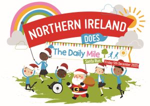 A graphic with children and Santa Clause walking and holding signs that read "Northern Ireland Does The Daily Mile Santa Run 5th December"