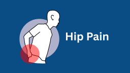 Image with blue background. A cartoon person holds their hip in pain and a red circle highlights the affected area.
