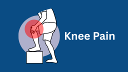 Image with blue background. A cartoon person holds their knee in pain and a red circle highlights the affected area.