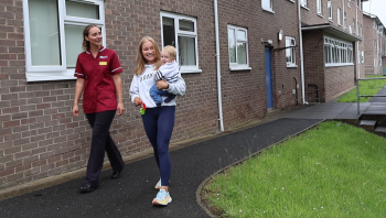 Photo of Gemma and Amy walk with baby Theo